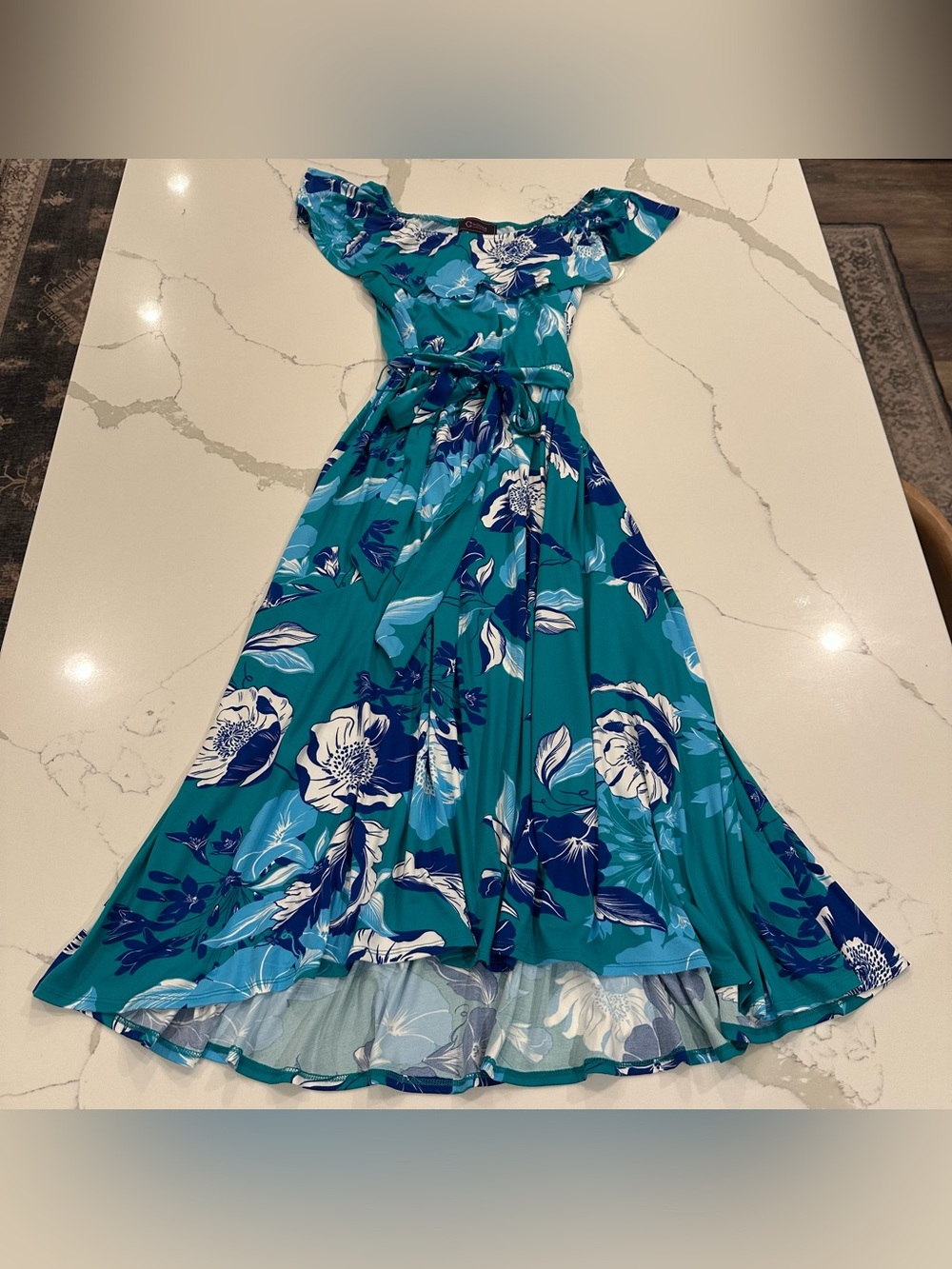 C Wonder Christian Siriano On Off Shoulder Flounce Dress Floral Teal S Soft Knit
